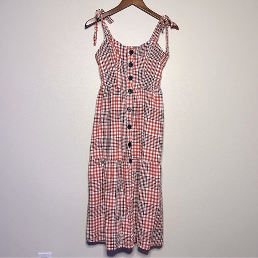 UO Plaid Positano Linen Apron Midi Dress - Picture 7 of 14